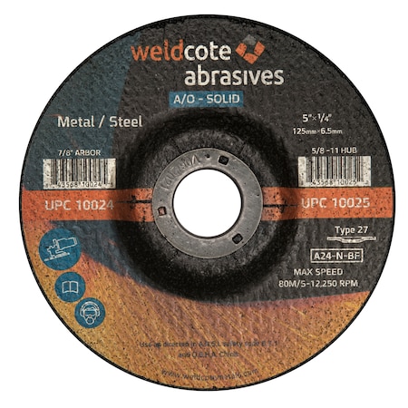 Weldcote Grinding Wheel 5 X 1/4 X 7/8 A24-N-Bf Steel T27 A-Solid 10024